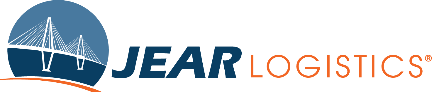 JEAR Logistics logo featuring a blue circle with a white suspension bridge and an orange curved line, with JEAR in bold blue letters and LOGISTICS in orange letters to the right.