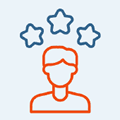 Our-Company-icon2 Outline of a person with three stars above their head, suggesting achievement or recognition—reflecting the high-performance culture at JEAR Logistics Company. The person is drawn in orange and the stars are blue on a light background.