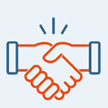 Our-Company-icon3 Illustration of two hands shaking, outlined in blue and orange, symbolizing agreement or partnership with JEAR Logistics Company, with three lines above indicating emphasis or motion.