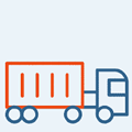 Our-Company-icon4 Simple illustration of a delivery truck with a red cargo container and blue cab, shown in side profile on a light background. The cargo container features three vertical lines and displays the JEAR Logistics Company branding.