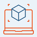 Our-Company-icon5 An icon of a laptop with a 3D cube on its screen, surrounded by four red corner markers, symbolizes 3D modeling or augmented reality—ideal for visualizing JEAR Logistics Companys innovative solutions.