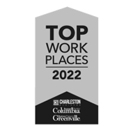 Gray badge that reads Top Work Places 2022 above the logos for Charleston, Columbia, and Greenville, highlighting JEAR Logistics’ recognition in these regions.
