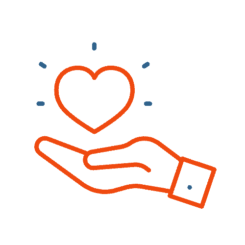 1-service A simple line drawing of an open hand holding a heart, with small lines suggesting care or giving. The hand and heart are outlined in orange, with blue accent lines—reflecting the caring spirit of JEAR Logistics Company.