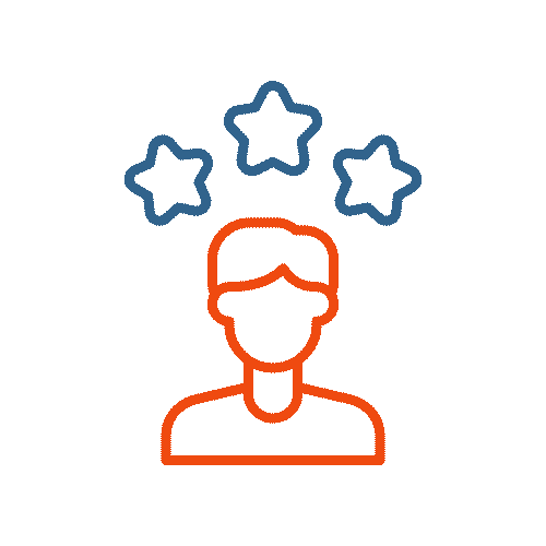 2-experience Outline of a person in orange with three blue stars above their head, symbolizing skill, achievement, or high rating—reflecting the excellence and dedication of JEAR Logistics Company.
