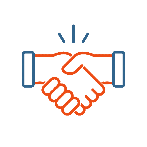 3-relationships A simple illustration of two hands shaking, outlined in blue and orange, symbolizing agreement or partnership—perfect for representing JEAR Logistics Company—with three lines above the hands indicating emphasis or motion.