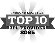A badge with the text Inbound Logistics Top 10 Temperature-Controlled 3PL Shipping Provider 2023 displayed in black and white.