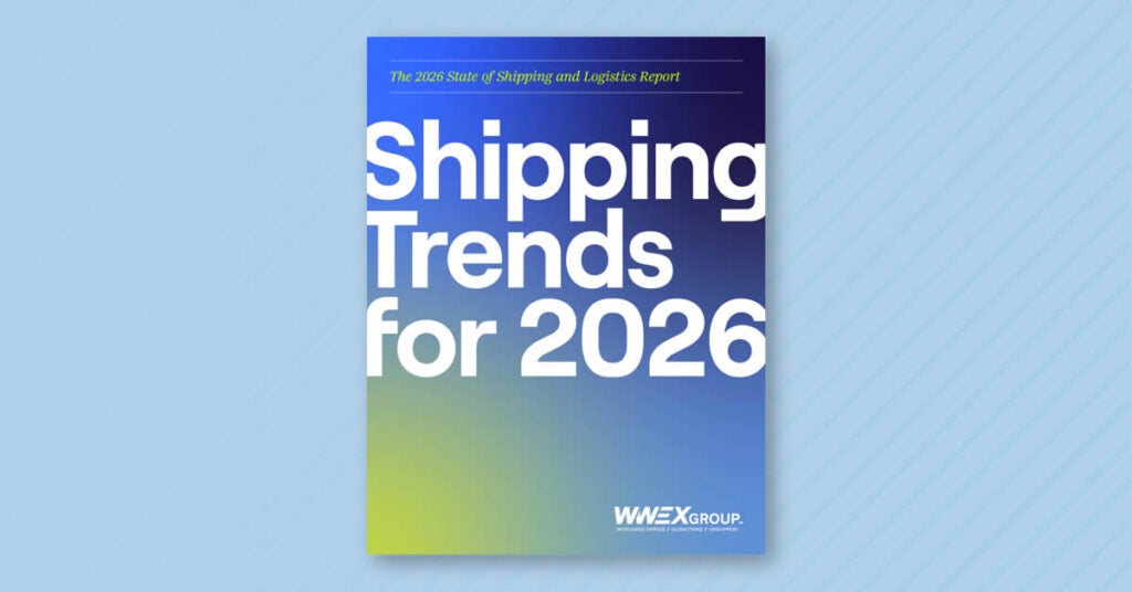 A report cover titled Shipping Trends for 2026 with a blue and yellow gradient background, published by WWEX Group, and a subtitle The 2026 State of Shipping and Logistics Report.