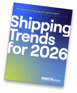 Cover of a report titled “Shipping Trends for 2026” with bold white text on a blue-green gradient background, published by WWEX Group.