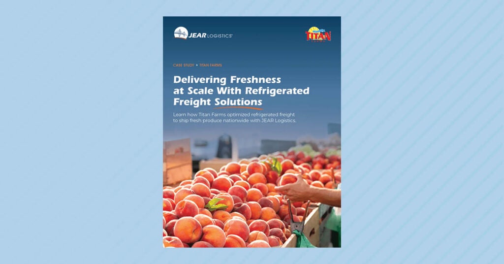 A brochure cover featuring a person handling fresh peaches in a market. The title reads, Delivering Freshness at Scale With Refrigerated Freight Solutions, with JEAR Logistics and Titan Farms logos at the top.
