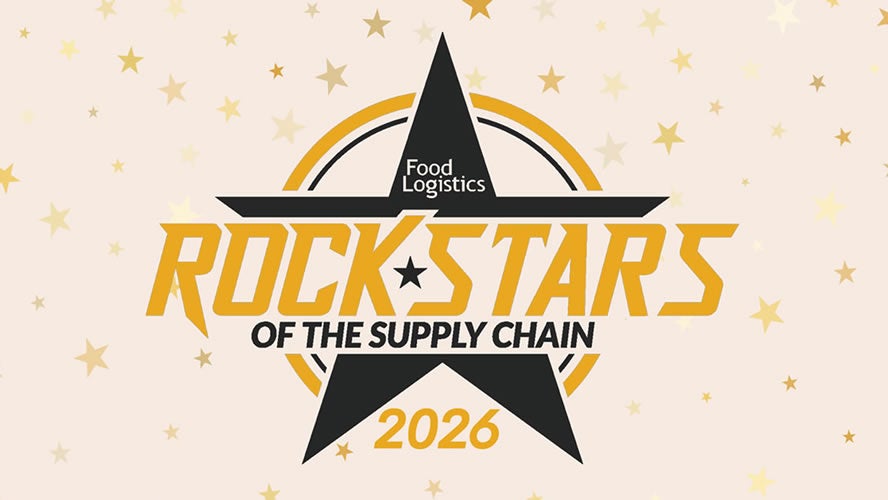 A graphic with a large black and gold star reads: Food Logistics Rock Stars of the Supply Chain 2026 on a beige background with scattered gold stars.