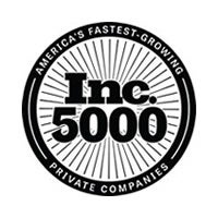 A black and white circular badge reads Inc. 5000 in bold letters, with Americas Fastest-Growing Private Companies written around the edge. Radiating lines emanate from the center.