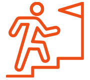 An orange outline of a person climbing stairs toward a triangular flag, symbolizing progress or achievement in a logistics sales career.