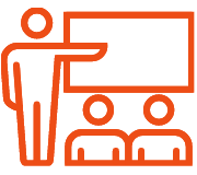 A simplified orange icon shows a person standing and pointing at a large presentation board, with two seated people in front, representing classroom training for a logistics sales career or preparation for sales jobs in logistics.