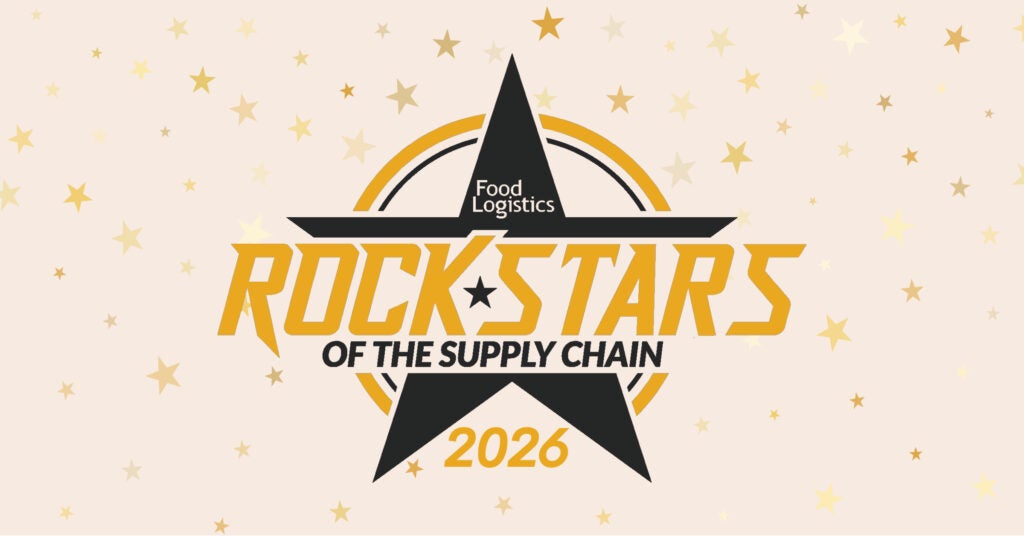 A graphic with a large black and gold star reads: Food Logistics Rock Stars of the Supply Chain 2026 on a beige background with scattered gold stars.