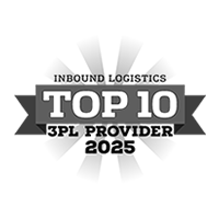 A badge graphic with the words Inbound Logistics Top 10 3PL Provider 2025 in bold font, featuring a starburst design in the background.